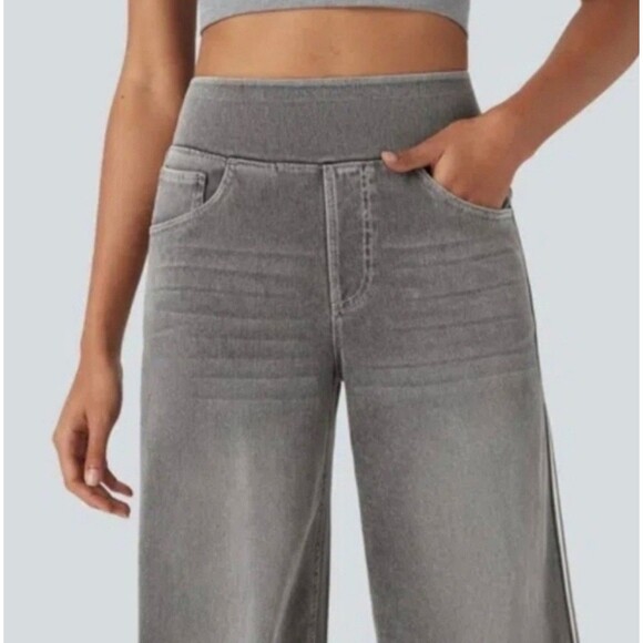 NWOT Halara L Grey Flex Women High Waisted Stripe Wide Leg Flowy Jeans - Picture 4 of 6